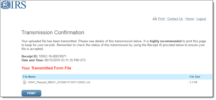 IRS transmission confirmation webpage