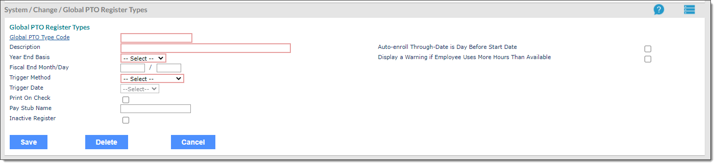 Global PTO Register types form