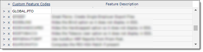 Custom Feature Codes grid with GLOBAL.PTO entered. No description displays for the feature code.