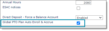 Client Details Other tab option called Global PTO Plan Auto Enroll and Accrue