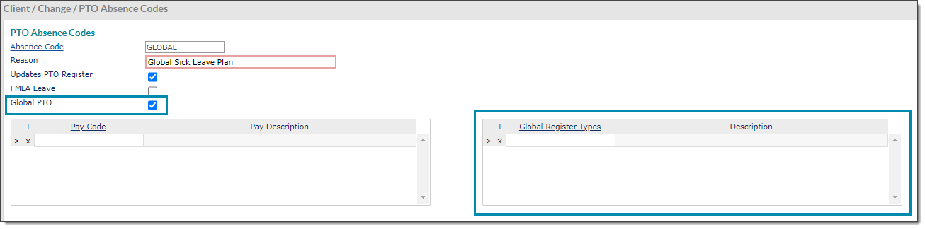 PTO Absence Codes form, with "Global PTO" option enabled and highlighted. The Global Register Types grid is also highlighted.