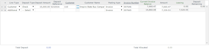 Deposit Details grid with two lines entered. The first Customer Line has some example invoice details entered. The second line is 'Additional' type and includes a second invoice number, which updates the calculated totals.