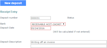 Receipt Entry panel A deposit number is entered. Bank is set to "RECEIVABLE ACCT-CACHET" and the description says "Writing off an invoice".
