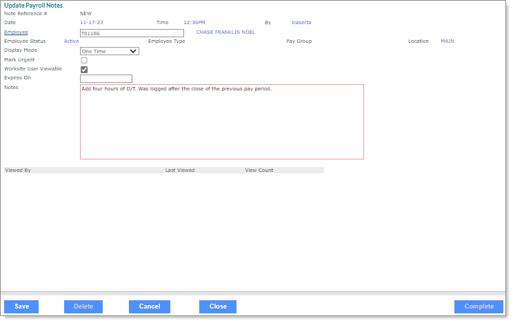 Update Payroll Notes form