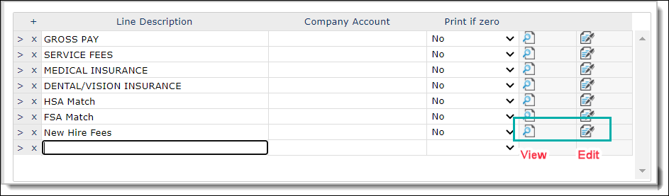 line items, along with company account and the view and edit icons