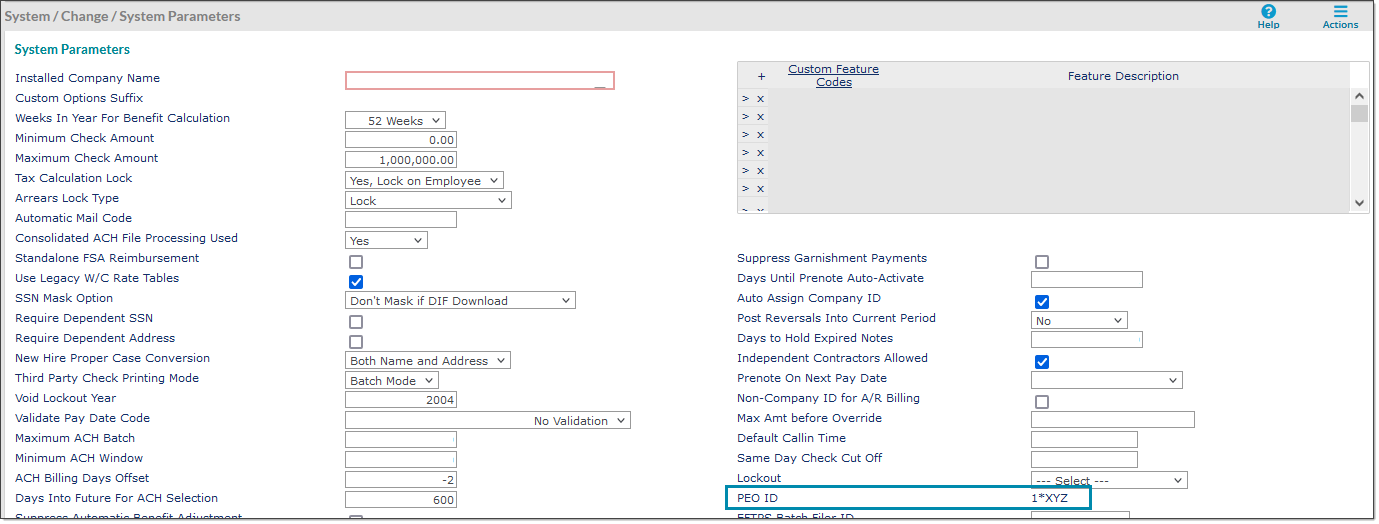 System Parameters form, with PEO ID field highlighted.
