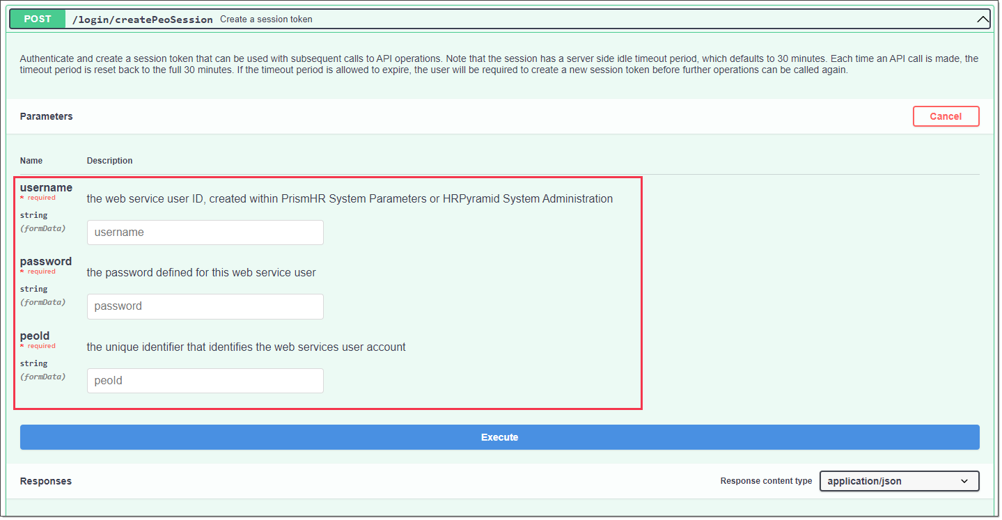 Detail on LoginService.createPeoSession Swagger docs. The input username, password, and peoId fields are highlighted.