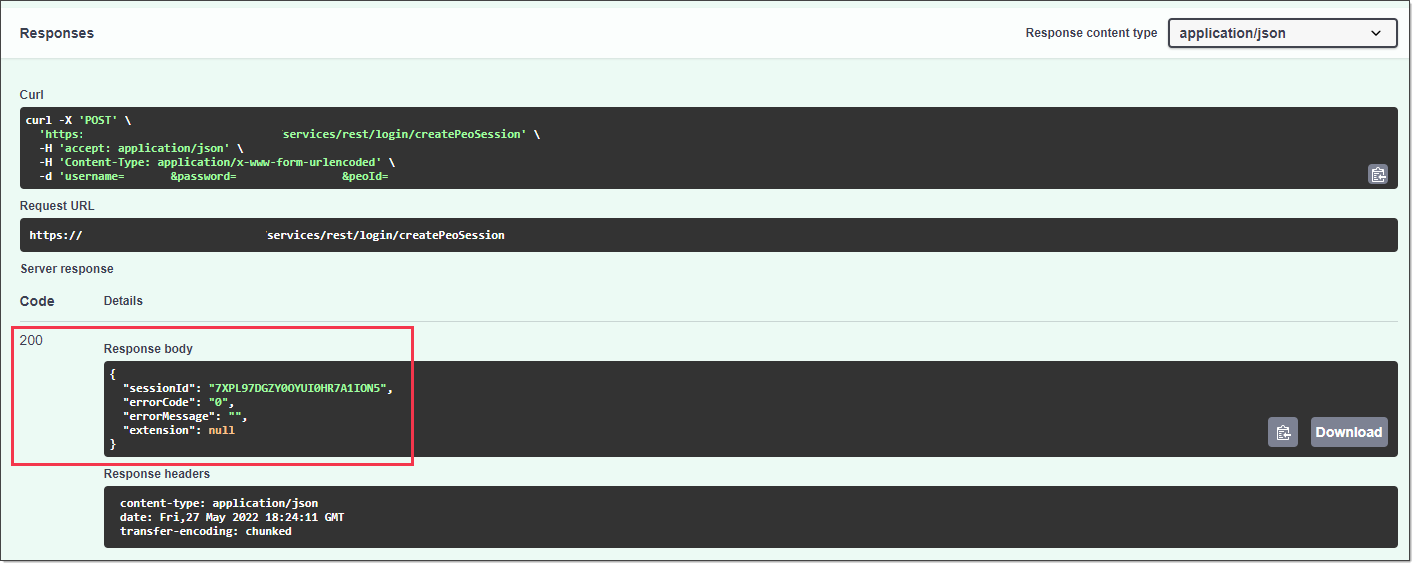 Detail on Swagger output from calling createPeoSession. The response body is highlighted, including the sessionId.