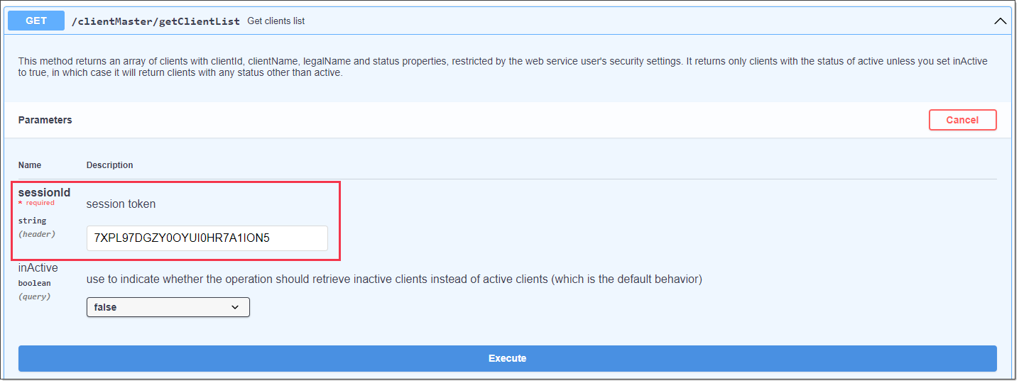 Swagger docs for clientMaster/getClientList. The sessionId input field is highlighted and is set to the same ID as the previous screenshot.