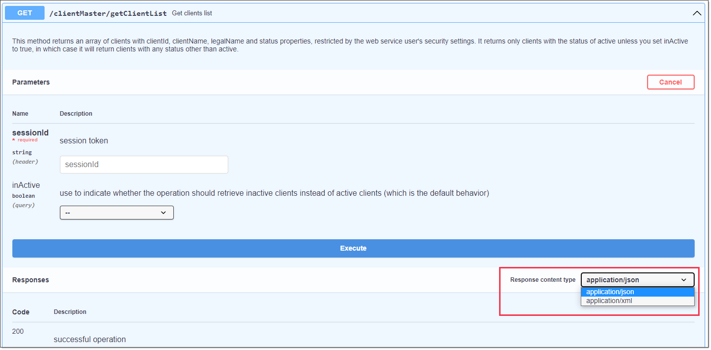Another detail on clientMaster/getClientList. The "Response content type" field is highlighted and shows the two options, application/json and application/xml.